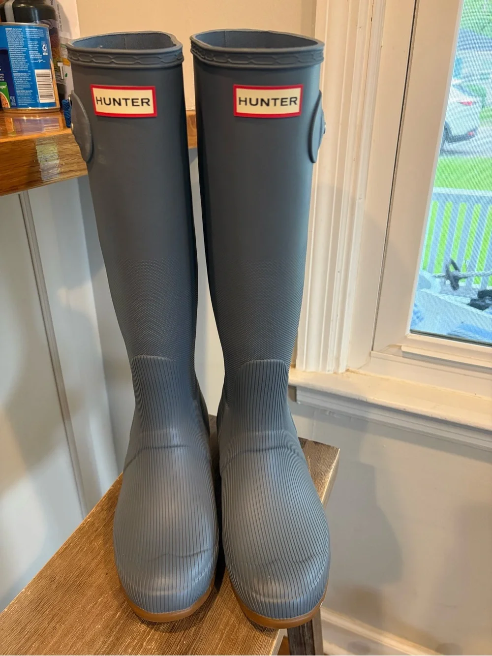 Hunter Original Stripe tall Rain Boots new gray blue